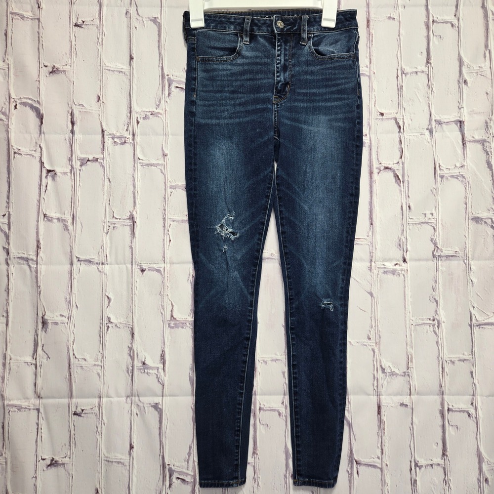 American Eagle Outfitters Super Hi Rise Jeggings Dark Distressed Skinny Womens 2